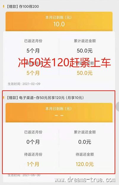 电信限时话费活动，充50返120元